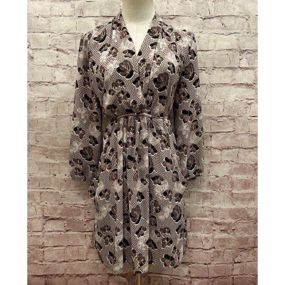 Bar III Floral Polka Dot Mini Dress Women's Small 3/4 Sleeve Tie Waist Lined Tan